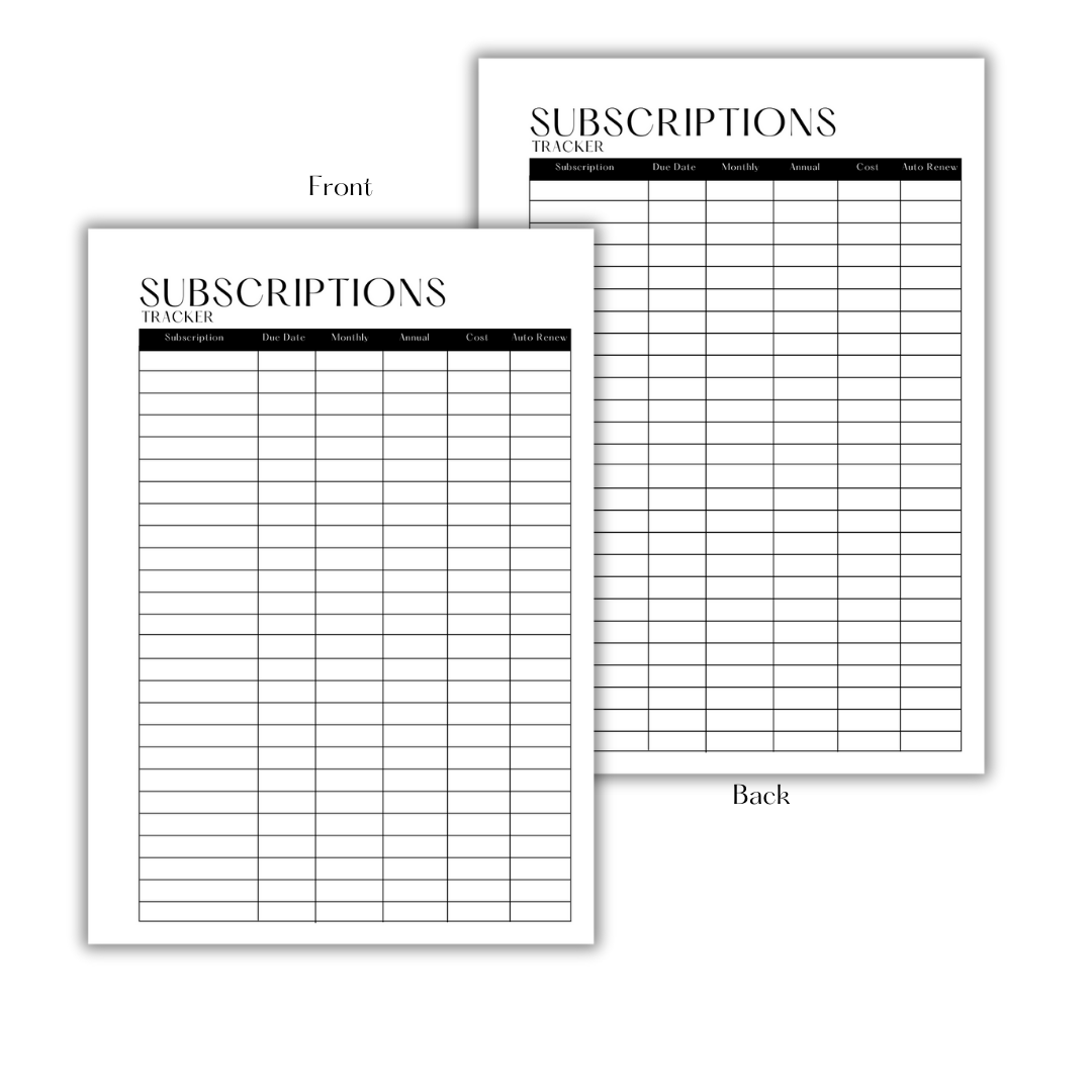 SUBSCRIPTIONS TRACKER - DOWNLOAD & PRINT PDF